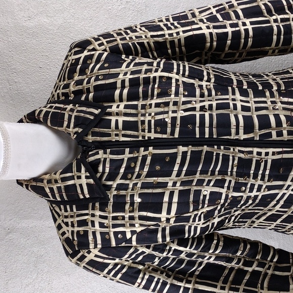 Carole Little Black Geometric Silk Collared Long Sleeve Zipper Front Jacket - Picture 2 of 15